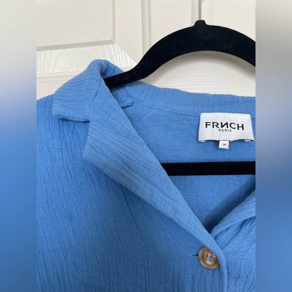 FRNCH PARIS blue crinkle textured button up collard crop top | M - Picture 6 of 11